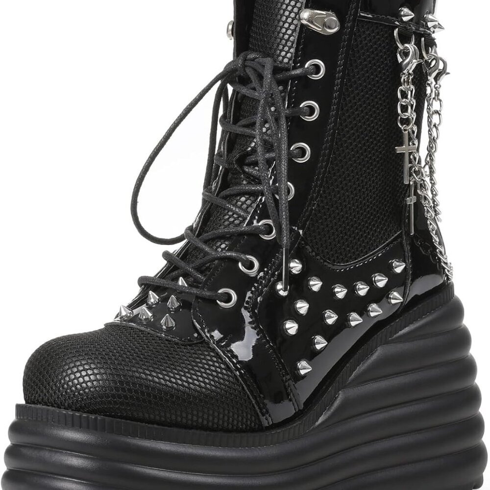 Women's Gothic Black Platform Combat Boots With Punk Chains Studs Lace Up